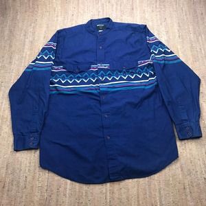 Vintage Frontier Series Aztec Western Shirt Long Sleeve Mens Large Blue FLAW